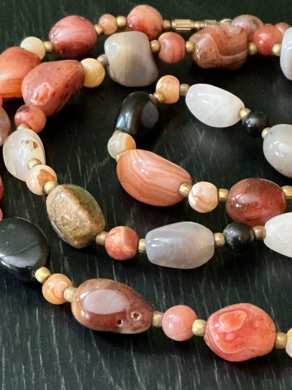 Vintage 1960s Agate Gemstone “Beggars Beads” Long 34” Opera Length Onyx Necklace